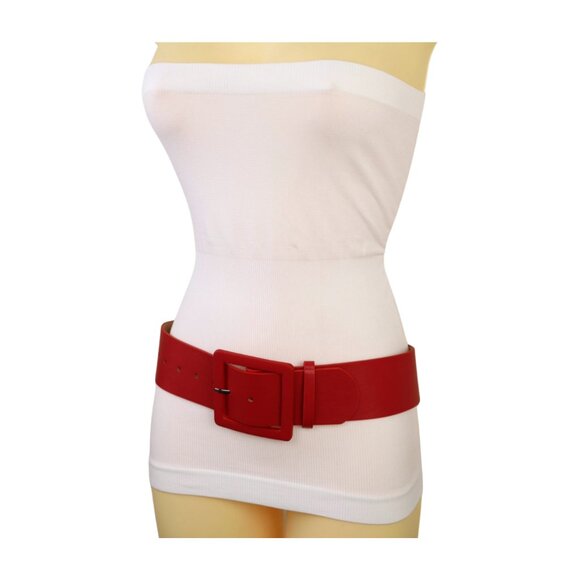 Women Red Faux Leather Waistband Fashion Belt Hip Waist Big Square Buckle M L - Picture 6 of 16